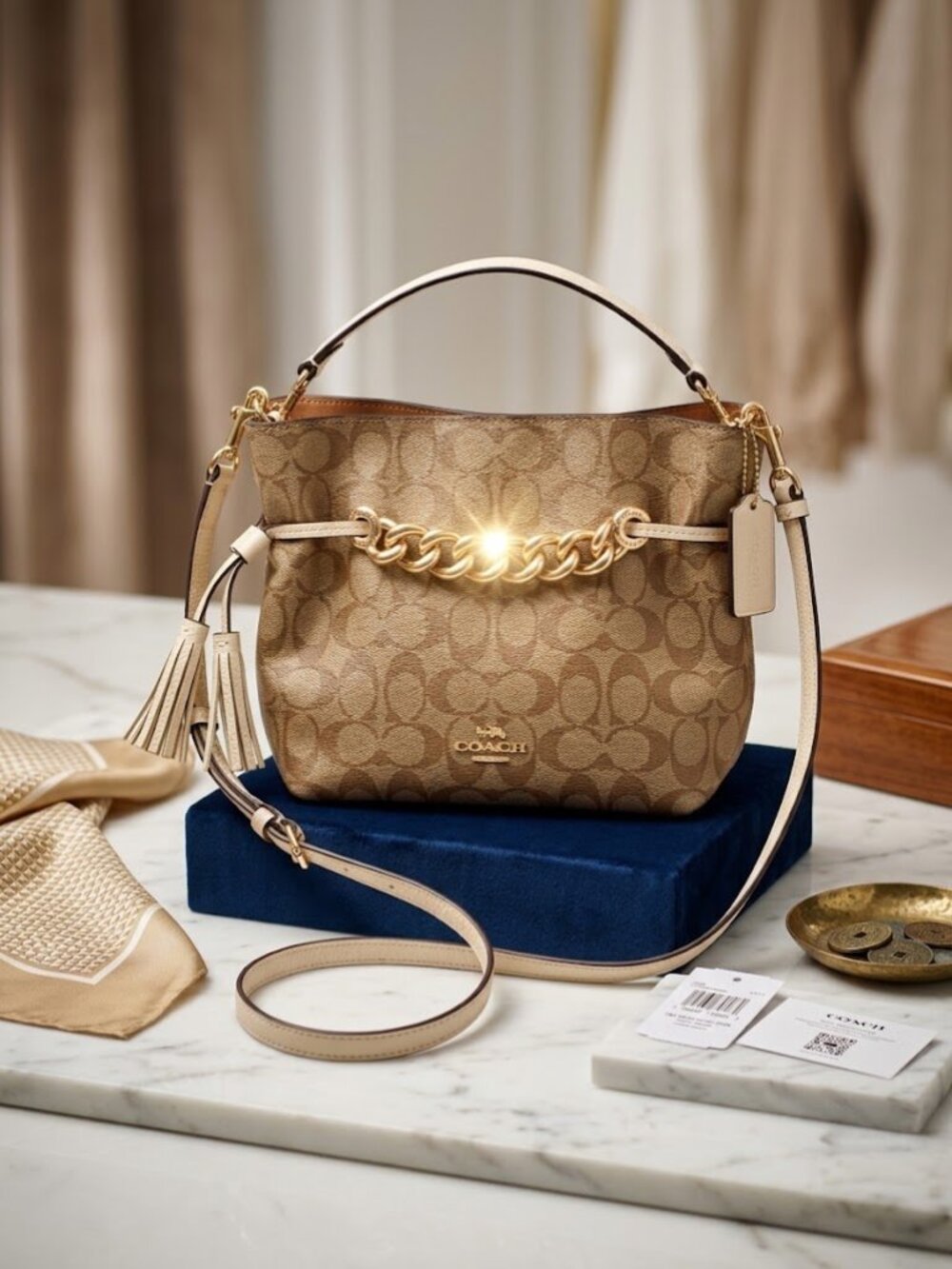 Coach Andy Gold Chain Bucket Shoulder Bag Handbag Signature Canvas Leather Tan